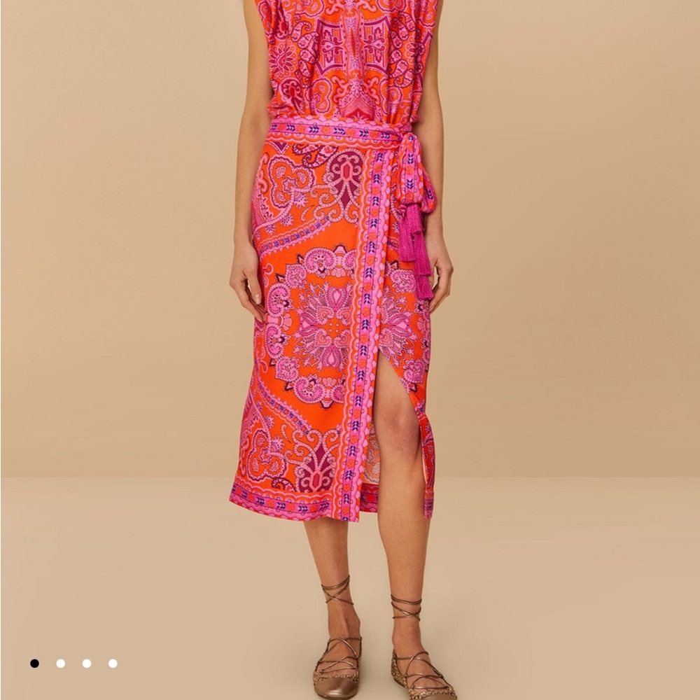 FARM Rio Pink & Orange Paisley Wrap Midi Skirt